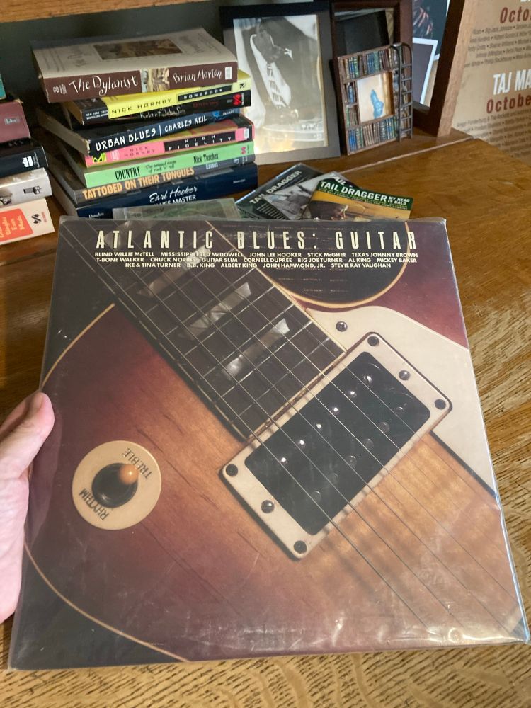 Record album cover “Atlantic Blues: Guitar” with a hoot of Gibson Les Paul guitar on cover