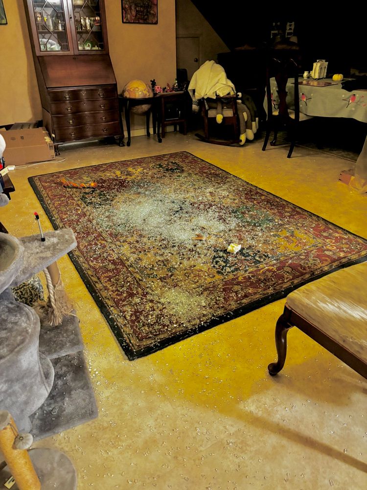 Photo of a carpet covered in broken glass. 