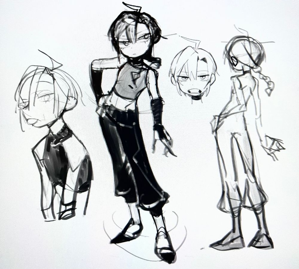 緑仙のスケッチ　んべと下を出してるバストアップやポーズを決めて立ってるものなど
手足のフォルムは鋭角的にデフォルメされてる