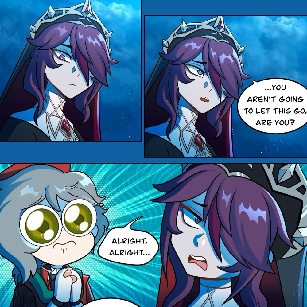 Example comic page from the linked webtoon. Rosaria gives up trying to argue with Calvin, with the text: “You aren’t going to let this go, are you?” And “alright, alright…”