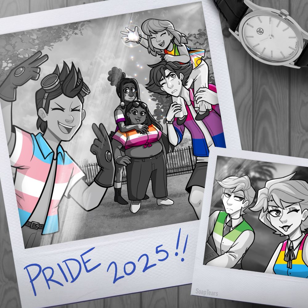 Two Polaroids of the gang with pride shirts