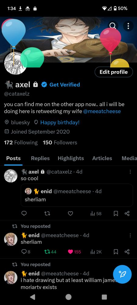 a screenshot of cataxelz's twitter profile with birthday balloons that are not quite working correctly (they are only showing at the top of the screen. they are supposed to go across the entire thing)