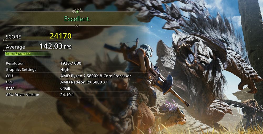 Monster Hunter Wilds Benchmark, Score 24170, Avg FPS 142.03
