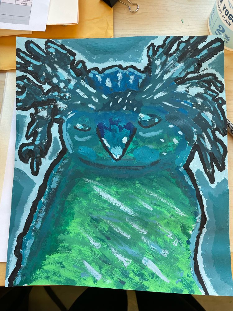 A Macaroni Penguin, painted with acrylic in a more abstract manner.