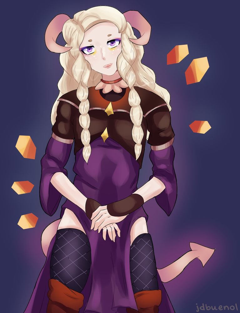 Digital artwork of a tiefling boy with long blonde hair, blue eyes and pink horns and tail. He's wearing dark brown and magenta clothes and brown boots. He's tilting his head slightly while looking at the viewer and smiling.