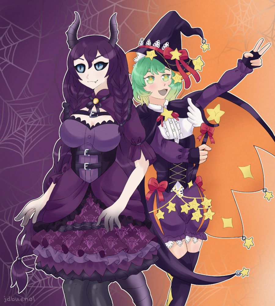 Digial artwork of Cristal and Mina on Halloween forms. Cristal is a demon with black horns, dark purple hair with braids and a dark purple dress, she has completely dark eyes with silver iris. Mina is wearing a dark purple witch hat and coat with the inner side of the hat and coat being orange, magenta pants, multiple red ribbons and multiples stars are hanging form her clothes, she's holding a wand with a star on the top on her right hand while making a peace sign with her left hand. Both cahracters belong to @CristalMomoStar