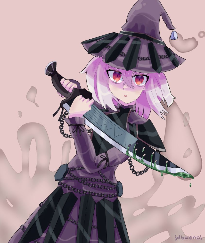 Digital artwork of a girl with white hair and red eyes. She's wearing a black armor with a lot of chains on top of a magenta witch hat and dress. The hat has a silver bell attached to the point. She's holding a black sword with her right hand while putting her left hand close to the blade and looking at the viewer with a cautious expression. The sword has green blood dripping from the tip of the blade and a mysterious miasma emaneting from it and from the bell of her hat.  Character belongs to @belderchal