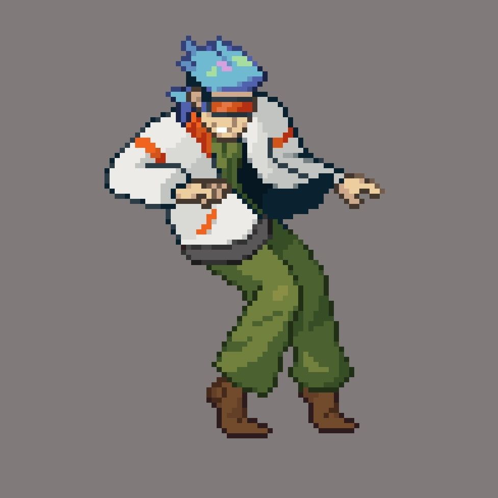 Pixel art of a character in green clothes and white jacket dancing. Blue hair, orange snow googles