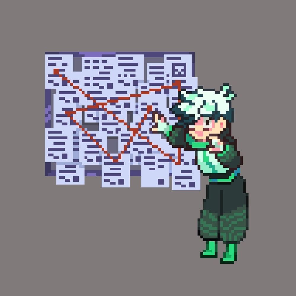 Pixel art of a character standing while he explains conspiracy theories 