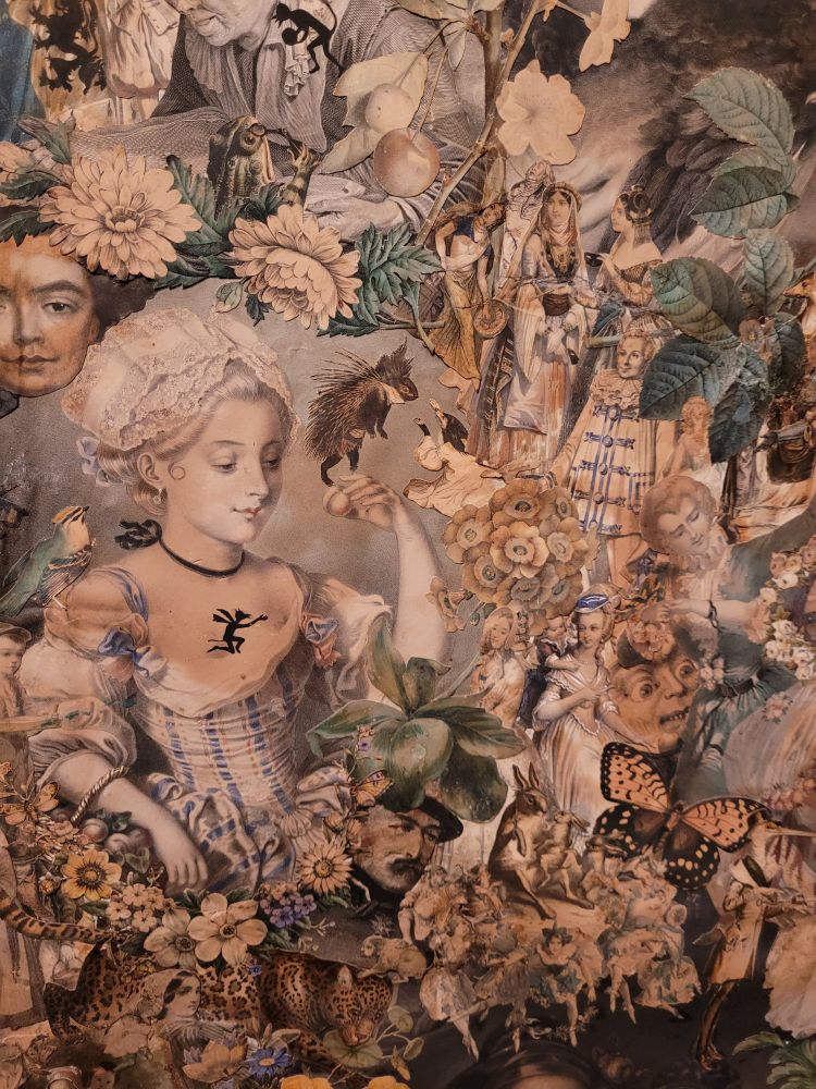 Close-up picture of a collage on a paravent. The collage is very busy, even crowded, with a broad variety of people, animals, and plants pictured in semi-realistic style. In the center, set apart by some free space around her, the picture of a lady in baroque-style dress, with the black silhouette of a kneeling devil on her cleavage, who has a tiny porcupine dancing on her raised hand, the latter also holding an apricot.