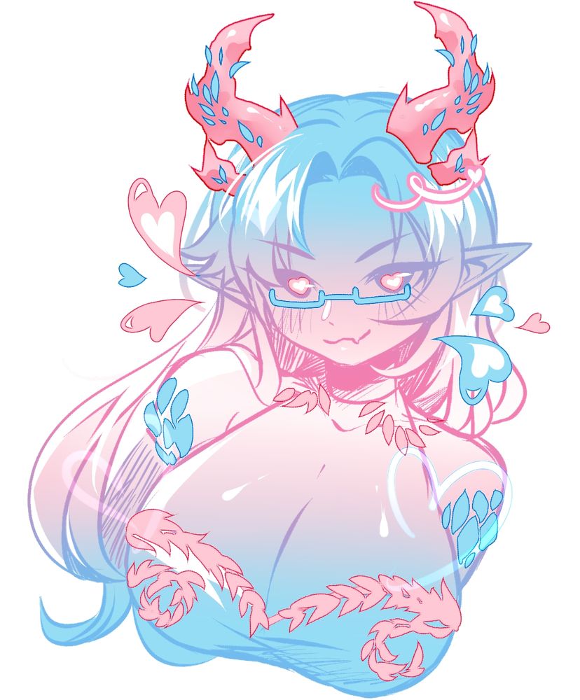 Stylized illustration of Cordelia by Mely, a feminine humanoid character with elf-like ears, heart-shaped pupils, and long flowing hair rendered in soft pastel colors of the transgender flag: light blue, pink, and white. Her gradient hair fades from light blue at the top to pink at the bottom. Cordelia has prominent red-pink dragon horns adorned with blue markings and wears rectangular glasses matching the trans flag blue. Decorative heart motifs float around her, enhancing the playful, flirty vibe of her expression. Dragon scales wrap around her arms, neck, and bust, integrating the same trans flag colors. Her confident smirk and blushing cheeks convey a charming, mischievous personality. The illustration style is clean and expressive, with a soft, sketchy texture.