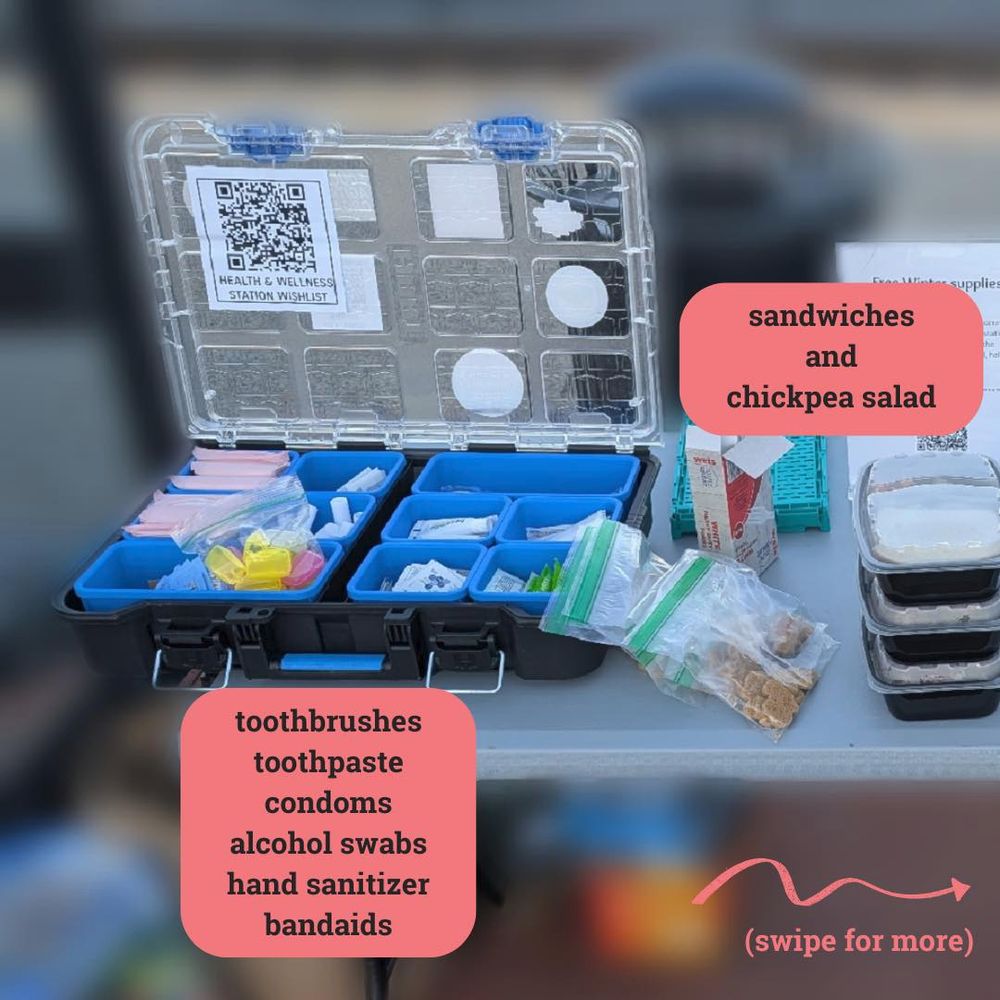 Table with toothbrushes, toothpaste, condoms, alcohol swabs, hand sanitizer, bandaids, and prepackaged food.
