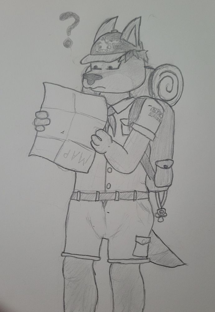 A graphite sketch of Matt's fursona. Matt is looking at an upside-down map, confused. He's wearing a Peekabu hat and an outfit reminiscent of a scout uniform, with a neckerchief, patches on the shoulder, and cargo shorts. He has a large backpack with a bedroll on top. A pacifier on a lanyard is also hanging from the backpack. His shorts seem to be suspiciously bulky...