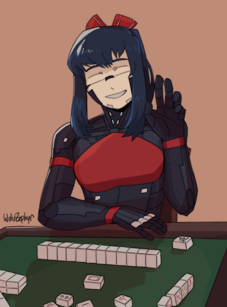 A Kasuar sits at a table with mahjong tiles laid out in front of her. She smiles and waves to the camera.