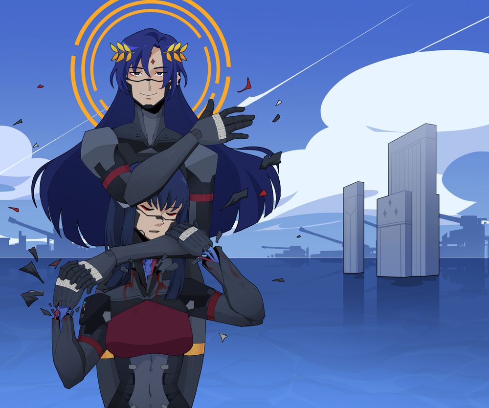 Two cyborg women stand before a blue ocean, with a bright blue sky and white clouds. Massive artillery cannons are on the horizon, with some tall grey buildings in front of them. One cyborg woman is holding the other, embracing her from behind. Three concentric rings float behind her head like a halo, with red, black and white fragments orbiting around her. She is smiling sweetly, yet ominously at the viewer.

The second cyborg woman has closed her eyes, seemingly relaxed in the embrace. One hand rests on the first cyborg woman's forearm, while the other laces her fingers together with her. However, her wrists and neck are broken, with blue bones exposed and a red liquid slowly pouring from them. Shards of red, black and white can be seen floating around where her joints have broken.