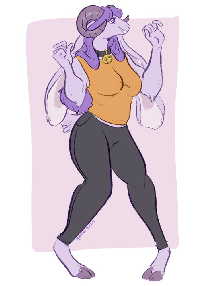 It’s Baafie again! A single fullbody, this time she is a lavender goat with curly goat horns, long purple hair, and long, floppy ears. She’s wearing an orange shirt and black skinny jeans.
