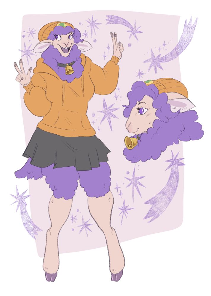 A fullbody and headshot of a purple sheep named Baafie. She’s wearing an orange hoodie, matching orange beanie, a black skirt, and a collar with a bell. There are shooting stars around her