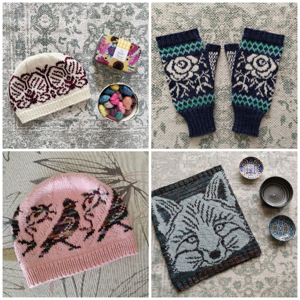 A photo collage of a two hand knitted colourwork hats, the first one is a cream hat with dark pink orchids on alongside a floral tin and a ceramic bowl with the yarn. The other is a pink hat with variegated bird designs. On the right hand side there is a oair of hand knitted colourwork mitts with rose and geometric imagery, the mitts are navy with white and blue colourwork. And finally there is a dark gray colourwork cowl with a gray fox/wolf image alongside three small ceramic bowls with geometric designs. 