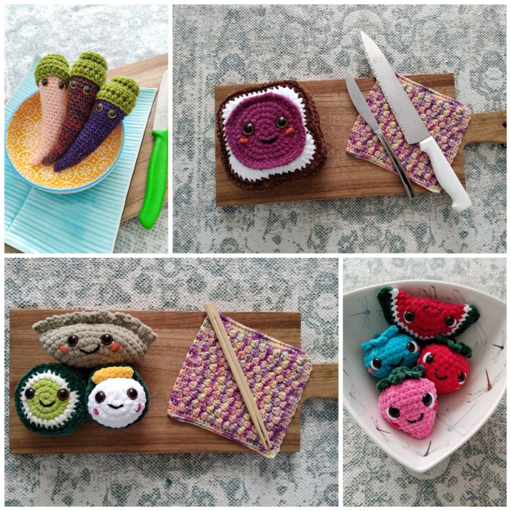 A photo collage of a three crochet chili peppers, a crocheted piece of toast with jam shown on a wooden board with a dishcloth and knives. Some crocheted dumplings and sushi with the same wooden board Dishcloth and chopsticks. And finally a bowl of fruit, with a strawberry, a blueberry, raspberry and watermelon spice. 