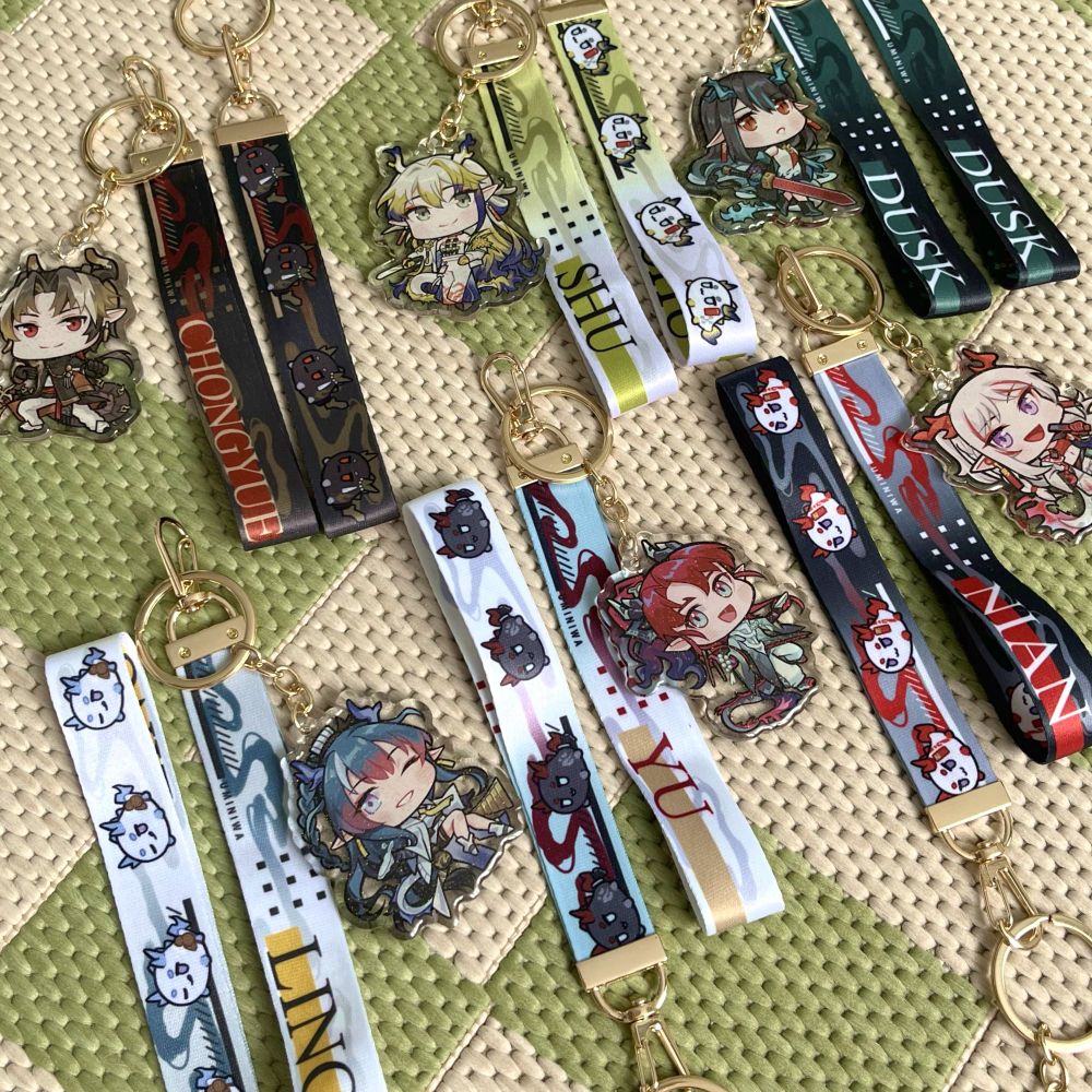 Arknights keychains with lanyards. Nian, Dusk, Ling, Chongyue, Shu and Yu designs are available