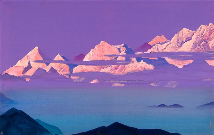 A painting by Nicholas Roerich of the Himalayas. A large range of mountains is lit by either a rising or setting sun. They are colored in blues, purples, and pinks. Clouds hang low around them, and a fog obscures the foreground where the foothills can be seen barely peaking out.