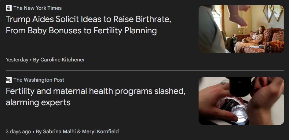 Screenshots of a Google news result with stacked articles titled, "Trump Aides Solicit Ideas to Raise Birthrate, From Baby Bonuses to Fertility Planning" from the New York Times

And an article from The Washington Post, titled, "Fertility and maternal health programs slashed, alarming experts"