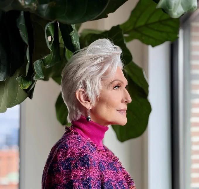 A photo of Elon Musk’s mother in a fuchsia turtleneck and jacket, in profile, with big white hair, looking very Disney villain, yet somehow cheaper.