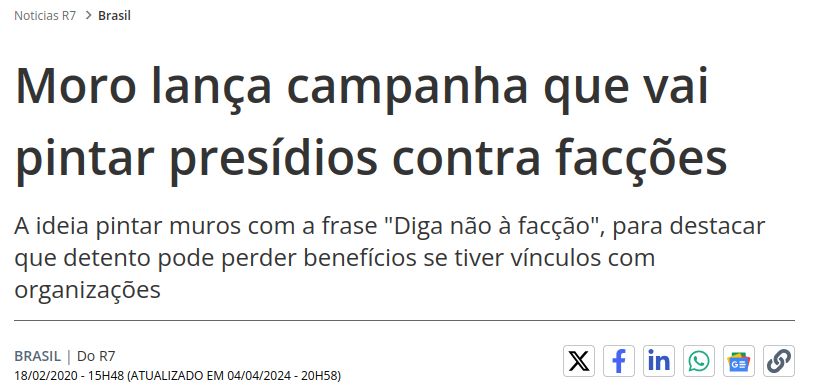 Print da página do jornal R7 datada de 18/02/2020. O título da notícia diz 