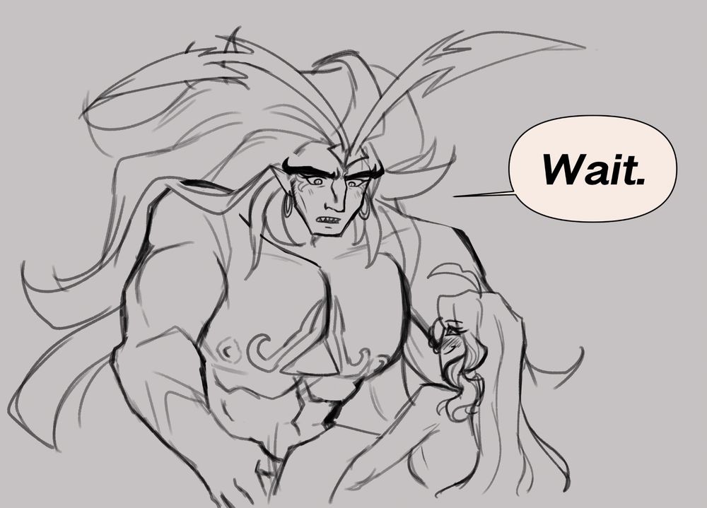 His face and smile falls, eyes widening and pupils turned to slits as he finally realizes heyr intentions. His hand drops the outfit just as Cinnamon Swirl’s face turns smug at the sight of his realization. Looks like he has no choice but to do as his wife wishes. Wouldn’t want to disappoint heyr. 