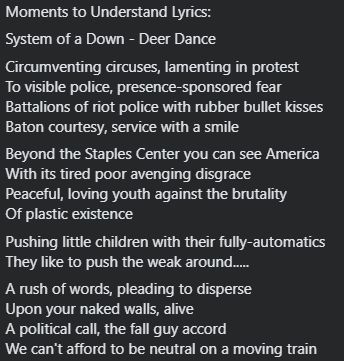 A black-and-white color text block of the lyrics to System of a Down's Deer Dance. 