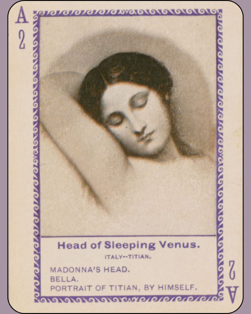 Card from “Famous paintings” (Cincinnati: Fireside Game Co., Cincinnati Game Co., successors. 1897) depicting Titian’s “Head of Sleeping Venus.”
