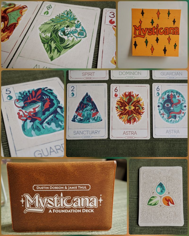 A collage of images of the game Mysticana by Dustin Dobson and Jamie Thul: a close up of the Earth Avatar card, a living tree spirit examining a flower; an orange sticky note with the title and some sparkles doodled on it; closeup of the Water Guardian, a deep sea angler fish with the number 5 in the corner; an array of cards with different elements on them; the brown vinyl wallet for the game; the card backs depicting the how Water beats Fire, Fire beats Earth, and Earth beats Water.