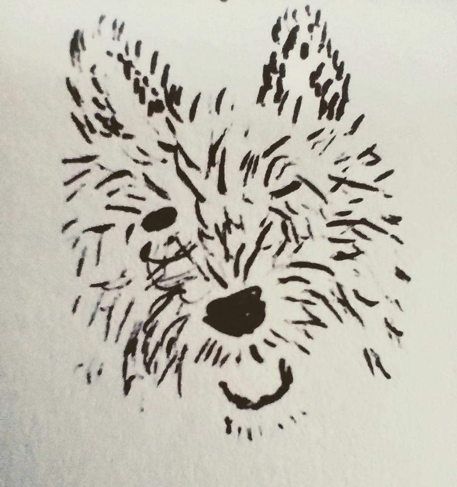 A pen doodle of Thistle winking with her tongue out.