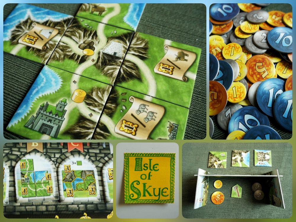 A collage of images of the game Isle of Skye designed by Alexander Pfister and Andreas Pelikan: a landscape made of tiles featuring roads, mountains, and lakes, with roads leading to a castle; a pile of coins in various denominations; scoring condition tiles on a board; a sticky note doodle showing the title; a player shield showing prices for 2 tiles and an axe pointed at one.