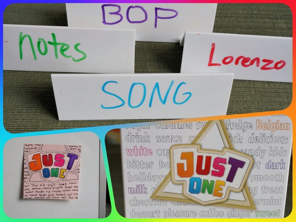 A collage of images of the game Just One: four plastic placards with the words "BOP", "notes", "Lorenzo", and "SONG" on them; a sticky note doodle of the game title; the box showing the title in a rainbow of colors and hollow words behind it.