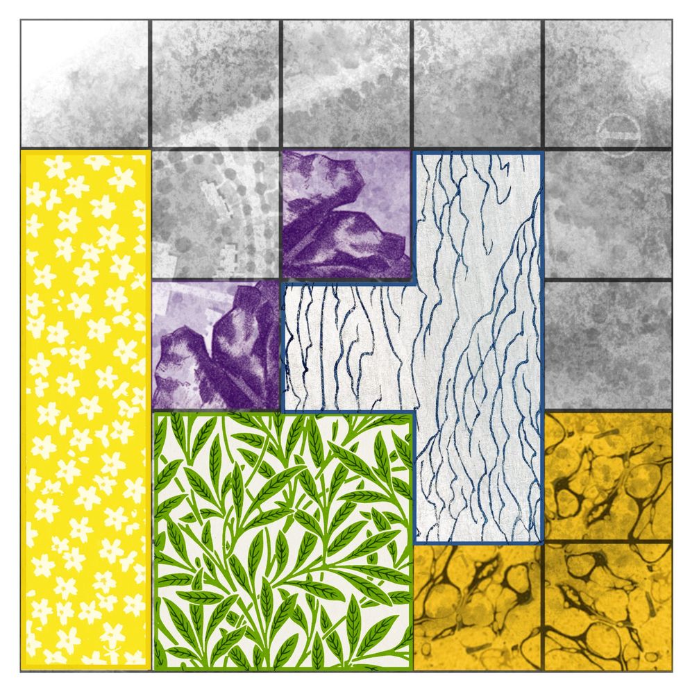 A 5x5 grid with different pieces and squares on it. The base is a ruined suburb, with purple mountains and orange desert spaces. There's a yellow meadow tile, a green forest tile, and a blue water tile.