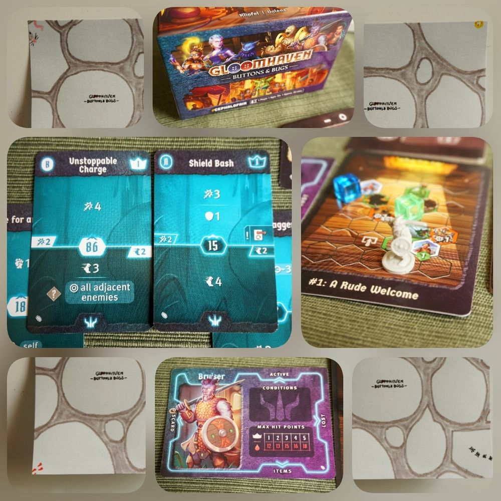 A collage of images of the game Gloomhaven: Buttons & Bugs: 4 corner pictures of different parts of a sticky note doodle of a stony Street, featuring a tiny mouse, tiny crown, tiny bloody footprints, and a line of ants; the box; some cards; a scenario card set up with a miniature and some cubes; a player card.