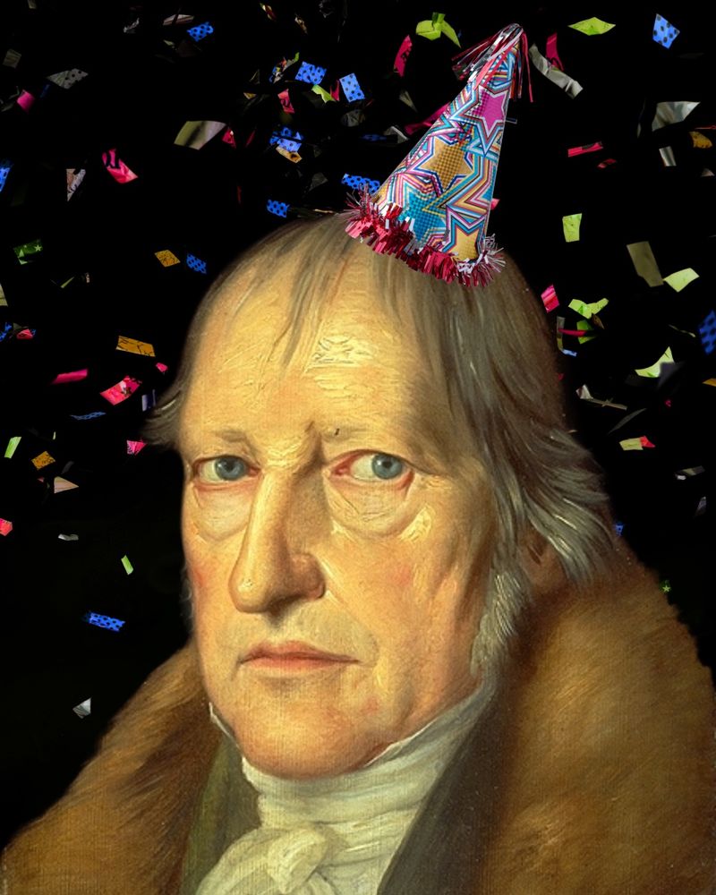 Portrait of Georg Wilhelm Friedrich Hegel with a confetti background and a jaunty party hat atop his head.