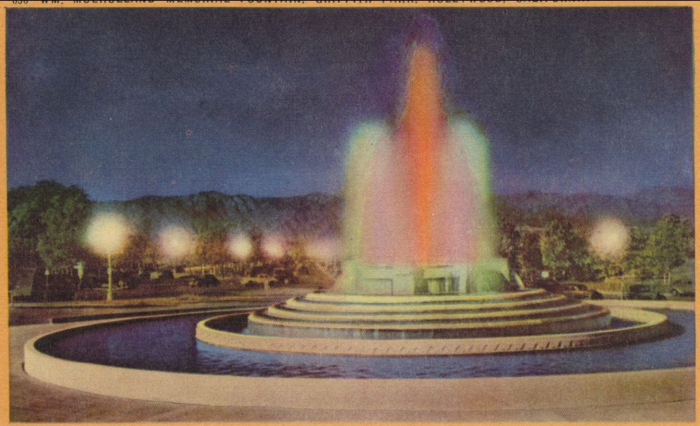 Postcard of the Mulholland Fountain, courtesy of the California State Library. https://csl.primo.exlibrisgroup.com/discovery/fulldisplay?docid=alma990015349800205115&context=L&vid=01CSL_INST:CSL