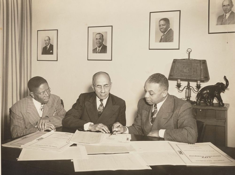 Golden State Mutual Company founders George A. Beavers, Jr., William Nickerson, Jr., and Norman O. Houston (1945) via UCLA Library.