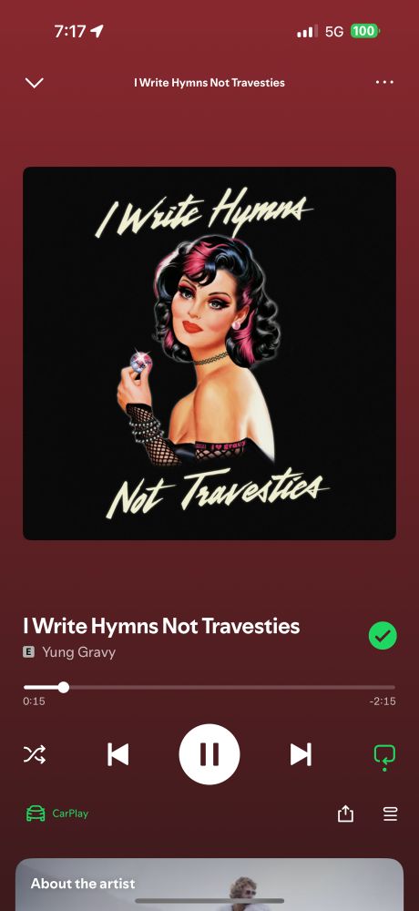 screenshot from spotify of the current song play, I Write Hymns Not Travesties by Yung Gravy