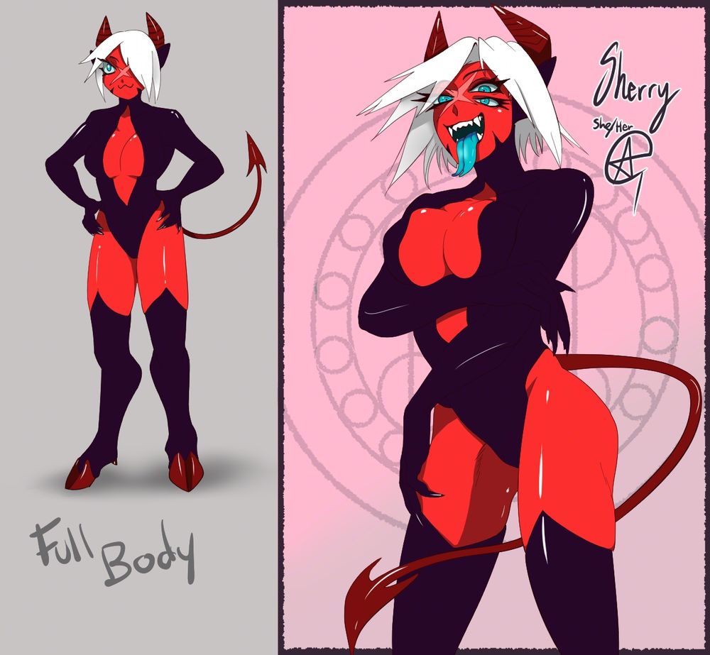 My demon OC named Sherry! She/her has red skin with white hair and three blue eyes. She also has a long dark red devil tail and dark red horns with a light blue serpent-like tongue :3