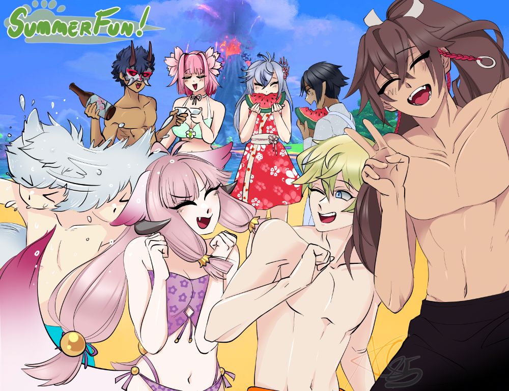 "Summer Fun!" Rune factory: Guardians of Azuma characters [Subaru, Mauro, Hina, Fubuki, Kai, Ulalaka, Kaguya, and Ikagura] All having fun in Summer Village. 

All are in their swimsuits and Fubuki is splashing water on Hina and Mauro by shaking his head like a puppy.

Kaguya and Ikagura are both eating watermelon slices while Kai and Ulalaka are drinking sake together!

And Subaru is posing as if he is getting his picture takin :3