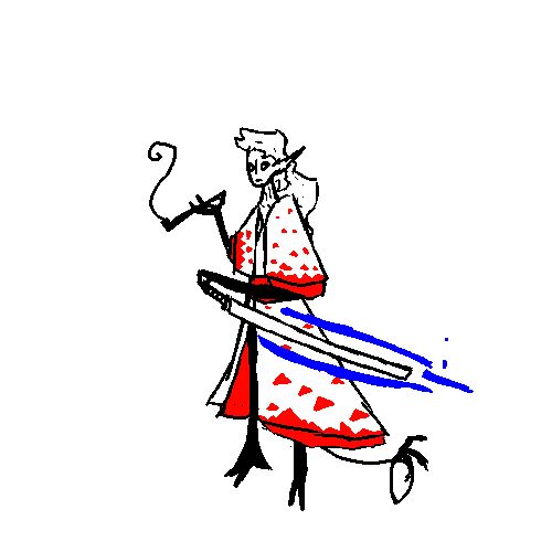 A tall figure with dark clawed limbs, one hand holding a smoking pipe, one hand on the hilt of a sheathed blade. the sheath of the blade is glowing with a blueish energy. His robes are white with red triangles on the edges, he has long ears and dark eyes.
