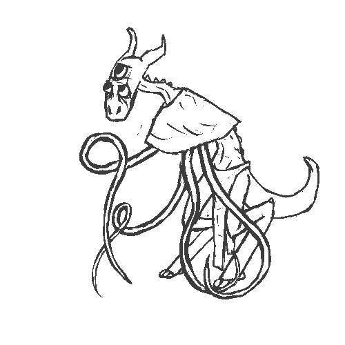 An alien with a flat head, 3 eyes, digitigrade legs, a tail, and four tentacles wearing a poncho-like fabric. 