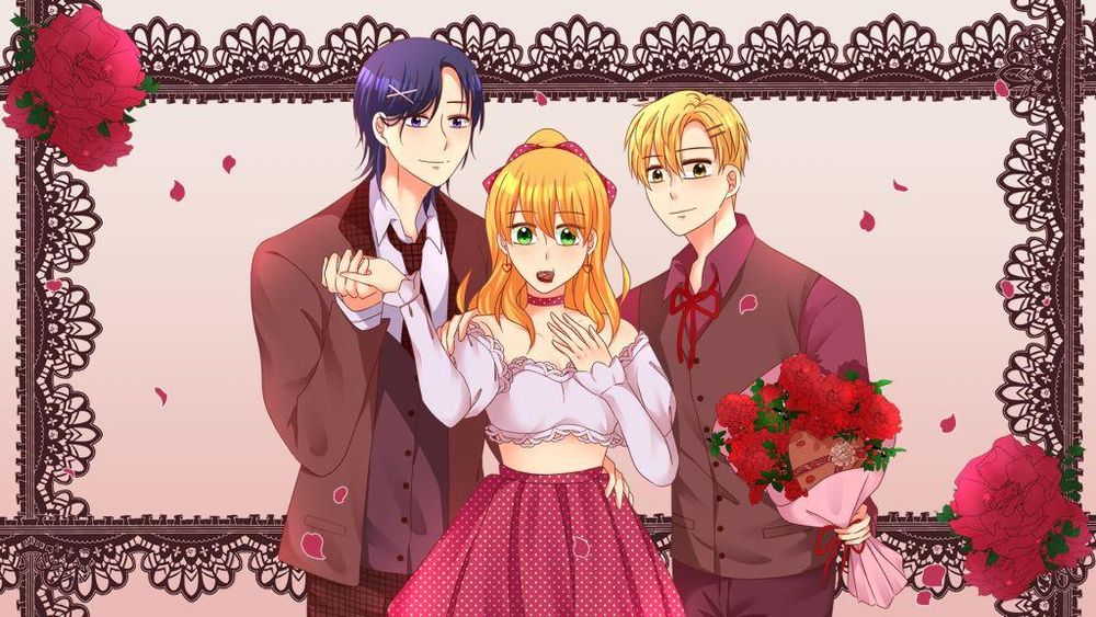 a valentine themed original character illustration with 2 guys on either side, the left one is holding the femMc's hand and the right one is holding rose bouquet