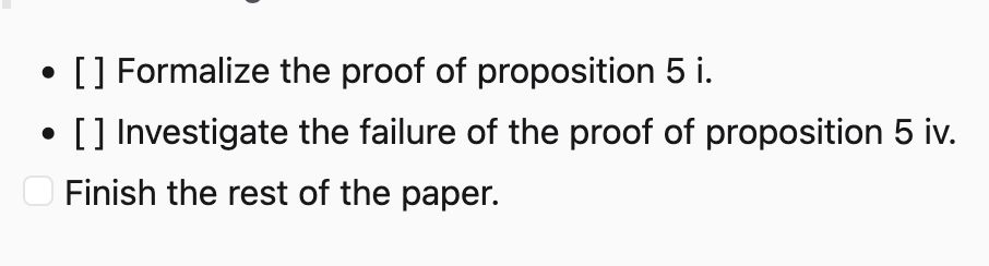 markdown list with three elements. It is rendered as 
```
- [ ] element1
- [ ] element2
<checkbox> element3
```

with <checkbox> a proper checkbox and the rest just a list with brackets. 