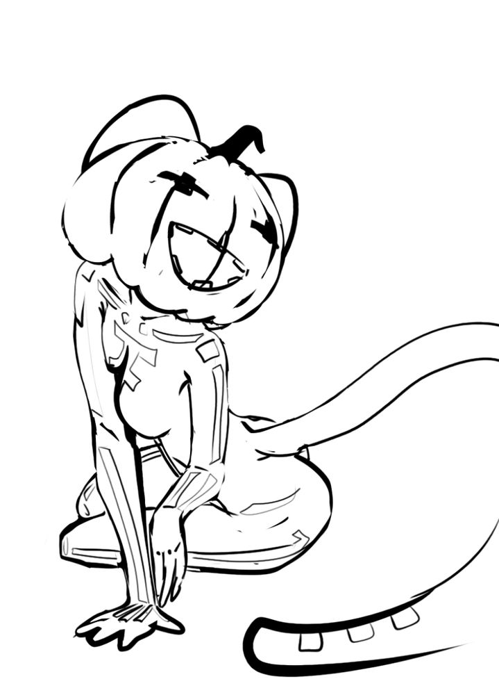 Image of work in progress - so far, a fan art of the Spice Fortnitemares skin, where she is depicted as a furry cat-human. She is sitting facing us at a half-turn with her paws-hands forward. Her pumpkin head is turned to the right, her tail extends beyond the drawing and returns back within the screen closer to the viewer. She bends her knees and her feet are turned away from the viewer, while her front paws crawl forward - one hand rests firmly on the floor, the other, just lifted, has not yet found a foothold. Her pumpkin head has a joyful expression and a broad smile.