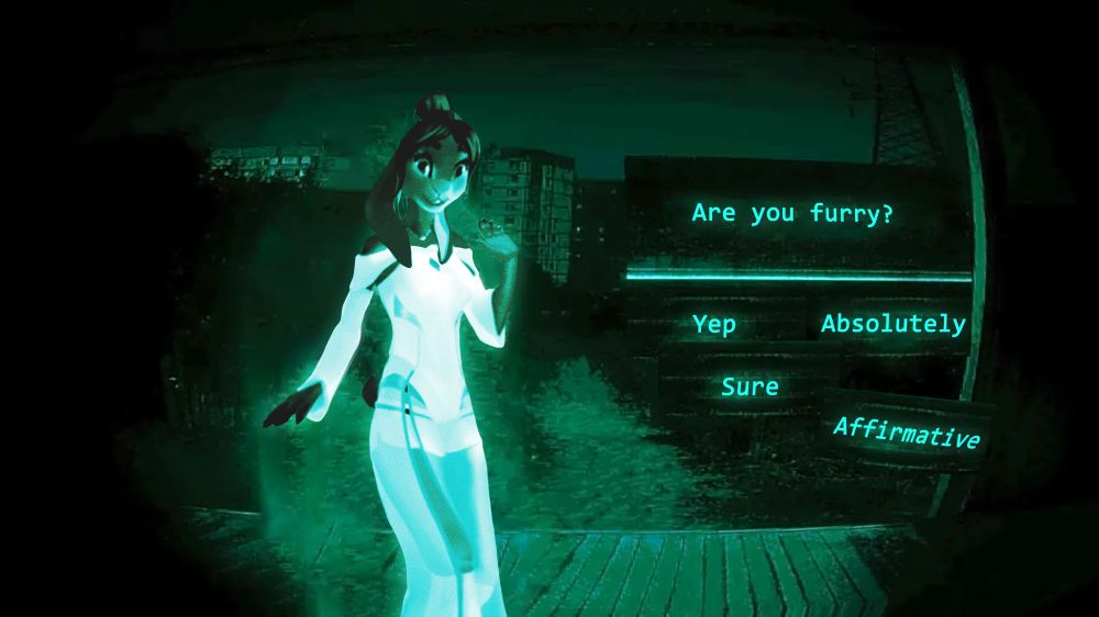 A meme picture with my OS rabbit in the style of the game No, I'm Not a Human, where she comes to the door and the person looking through the peephole sees a good-natured, anthropomorphic, smiling fursona who asks, “Are you a furry?” And the written answer options are listed below to choose from: "Yep", "Sure", "Absolutely", "Affirmative" 