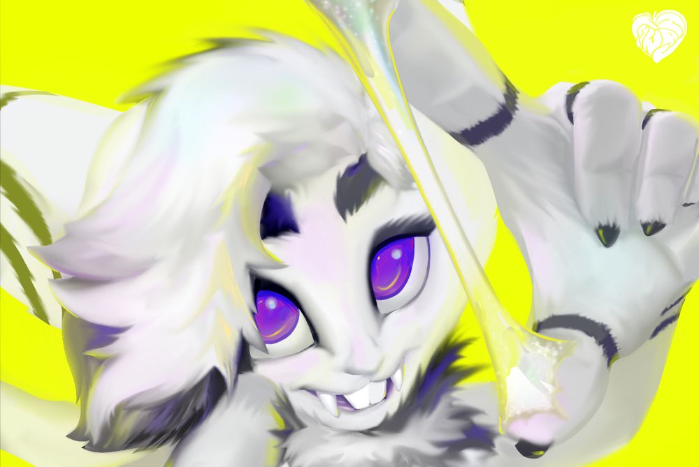 Portrait of Spunny — a friendly hybrid furry character, half bunny and half spider. His soft, fluffy fur is light gray with subtle violet tones and darker stripes. A bright yellow light glows from behind, highlighting his face and paw. With his left hand, he stretches a shiny web thread like chewing gum between his fingers; it sparkles and catches the light. His fringe falls to one side, covering part of his forehead, while his large violet eyes shimmer playfully. Tiny black claws peek from his fingers. The background is warm yellow, adding a cozy yet vibrant mood. The overall feeling is gentle, friendly, and a little magical — just like Spunny himself.